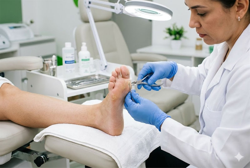 Desbastamento técnico de calos e calosidades na Josy Podologia. Remoção de calosidades em clínica de podologia em Guarulhos.